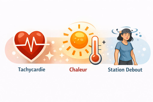 Illustration dysautonomie : fréquence cardiaque, chaleur, station debout