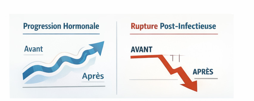 Schéma chronologie : progression hormonale vs bascule post-infectieuse