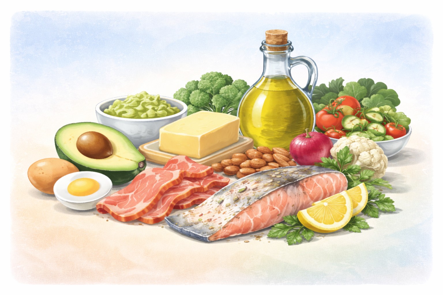 Illustration sans texte : alimentation très pauvre en glucides (avocat, huile, œufs, poisson, légumes)