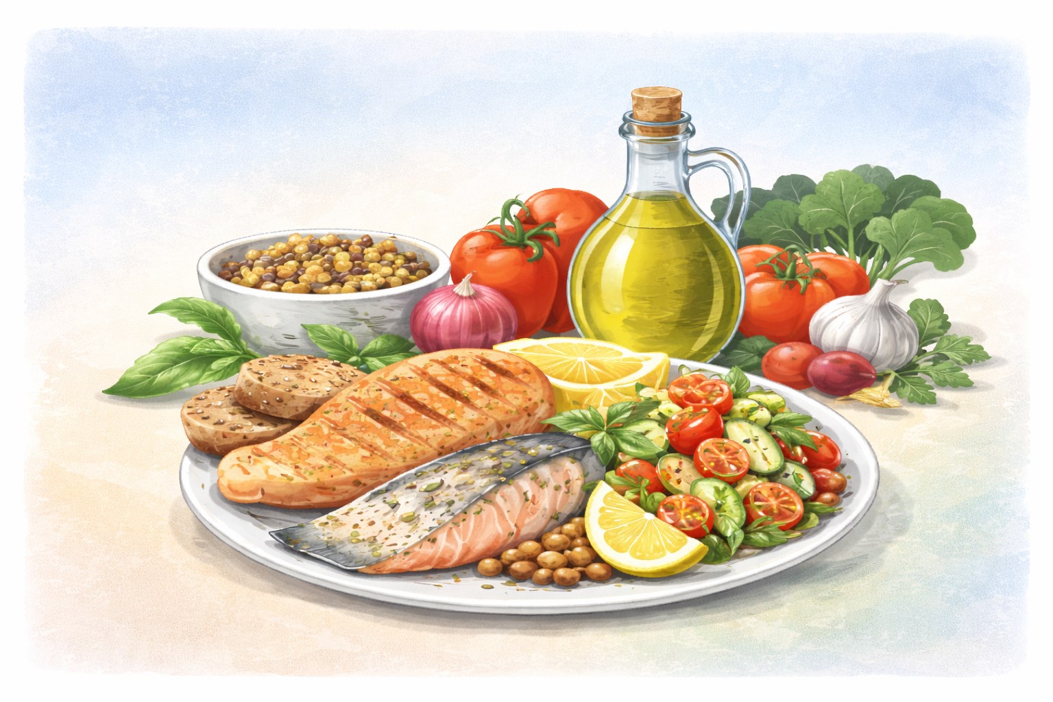 Illustration sans texte : assiette méditerranéenne (légumes, huile d’olive, légumineuses, poisson)