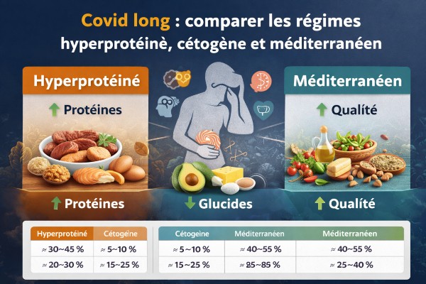 Illustration sans texte : trois assiettes symbolisant les approches hyperprotéinée, cétogène et méditerranéenne en contexte de Covid long